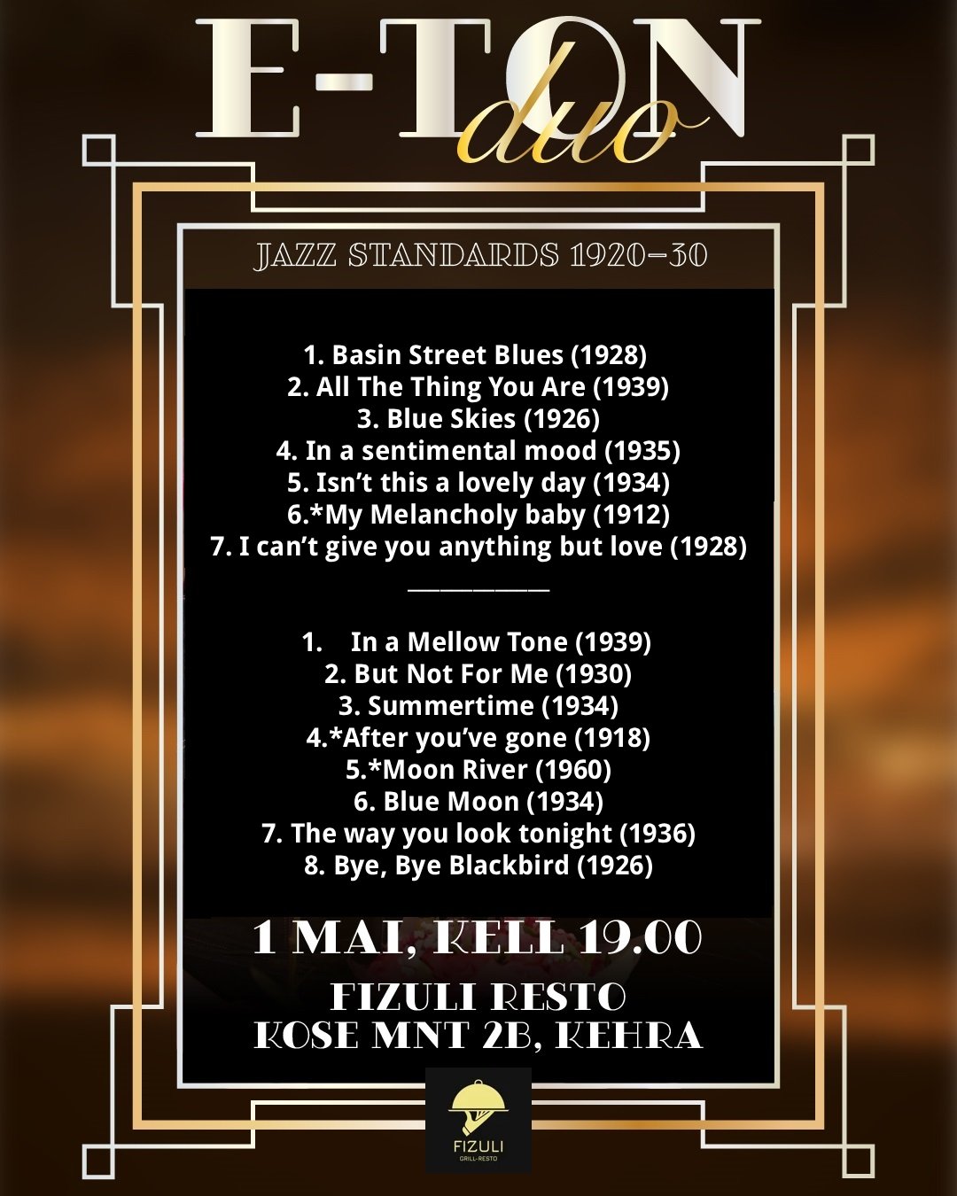 Concert playlist for Fizuli Grill 01 May 2026